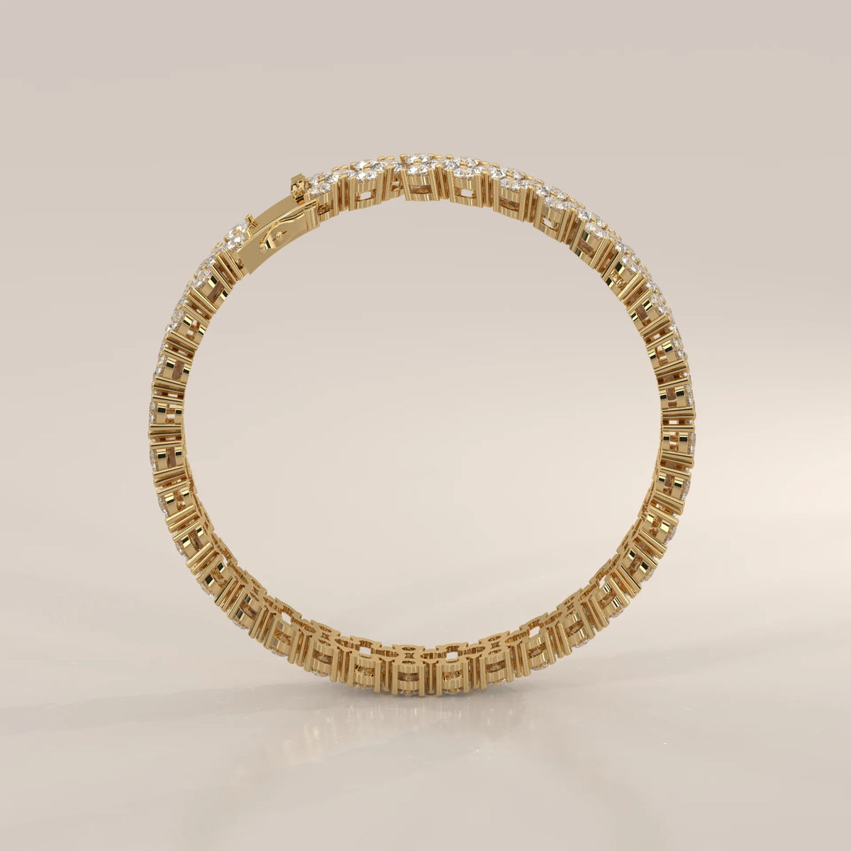 Three Row Round Lab Grown Diamond Cluster Tennis Bracelet in yellow gold, shown from the side.