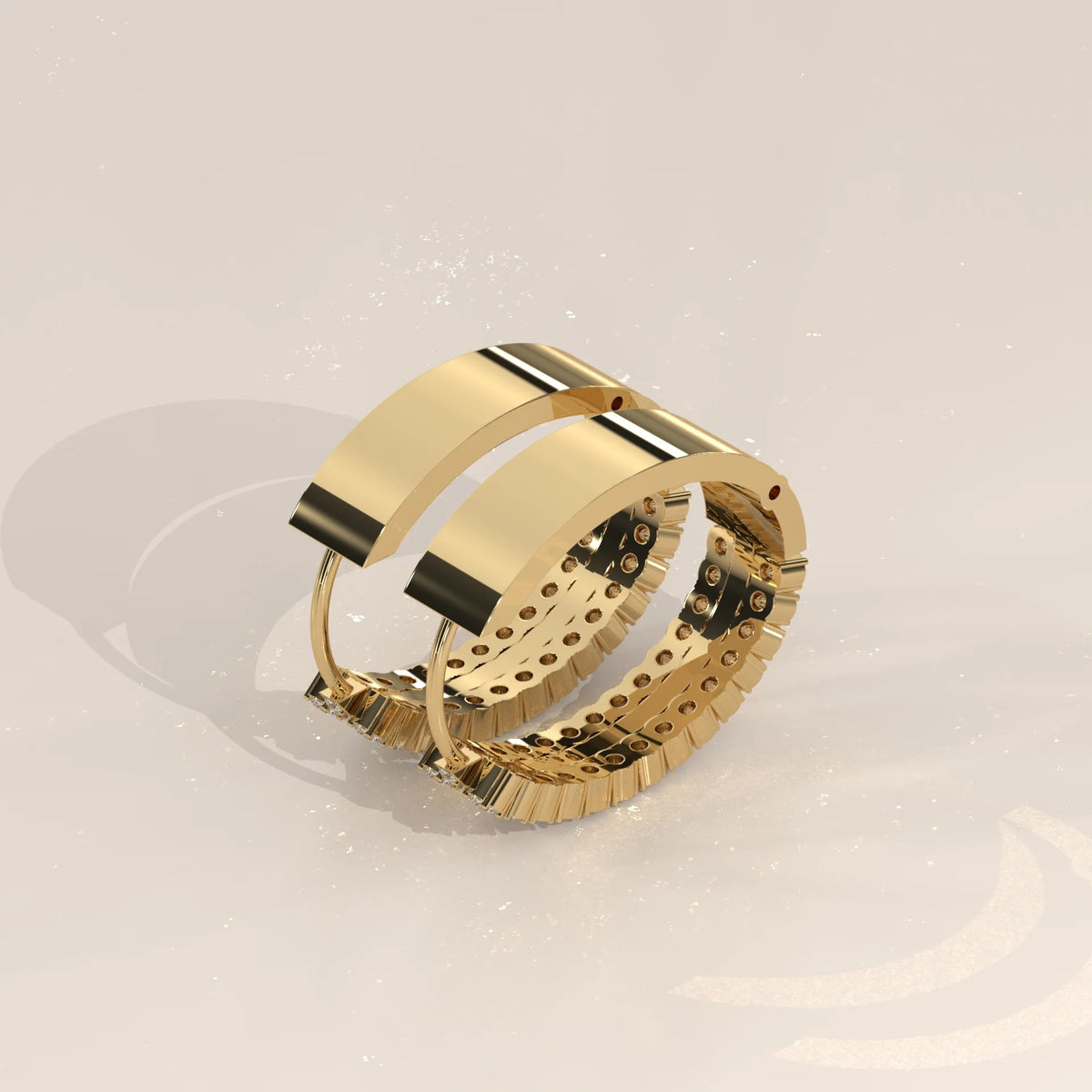 Three Row Round Lab Grown Diamond Wide Hinged Hoop Earrings in yellow gold, shown at an angle.