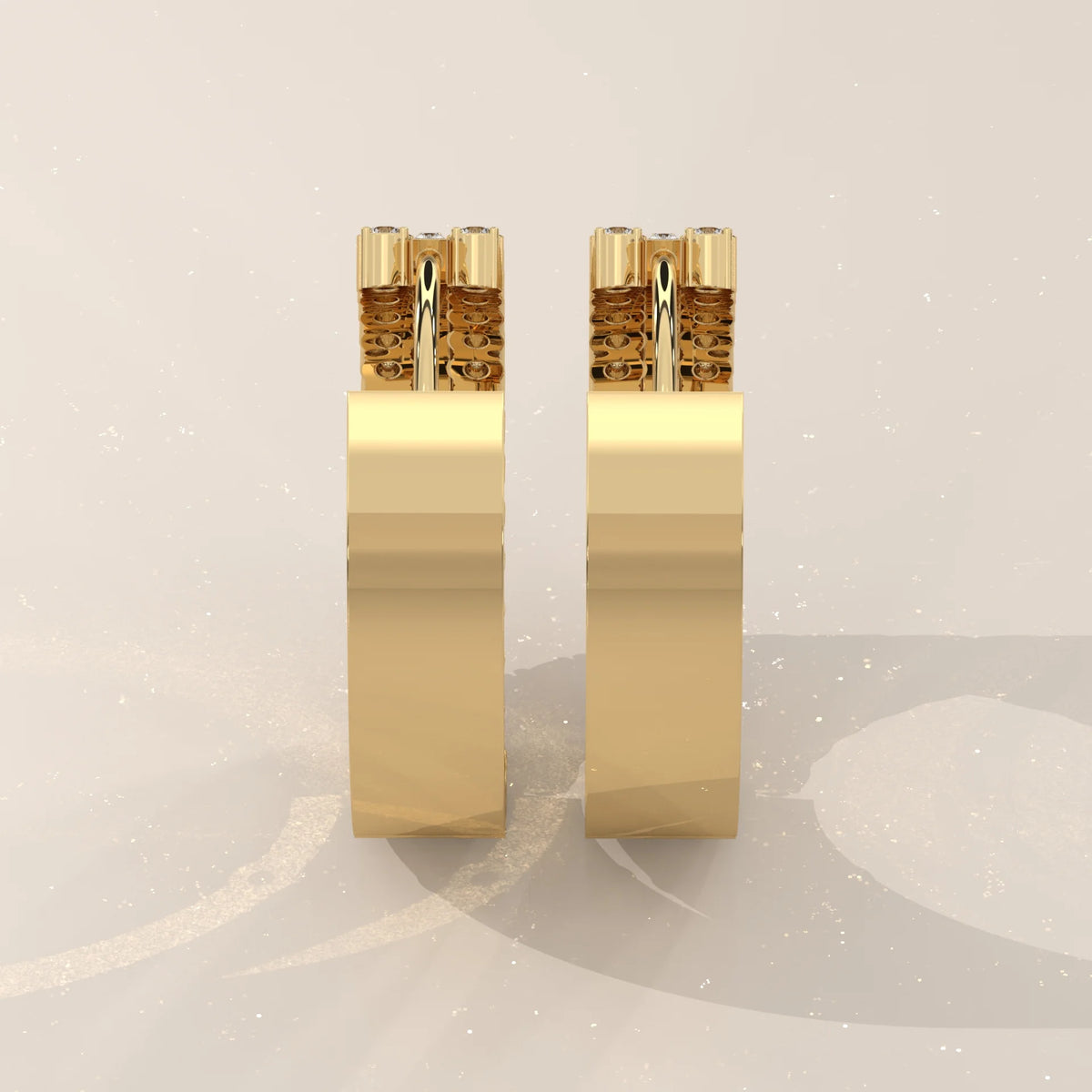 Three Row Round Lab Grown Diamond Wide Hinged Hoop Earrings in yellow gold, photographed head-on.