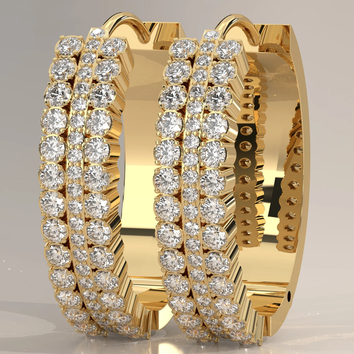 Three Row Round Lab Grown Diamond Wide Hinged Hoop Earrings in yellow gold, front view on a plain background.
