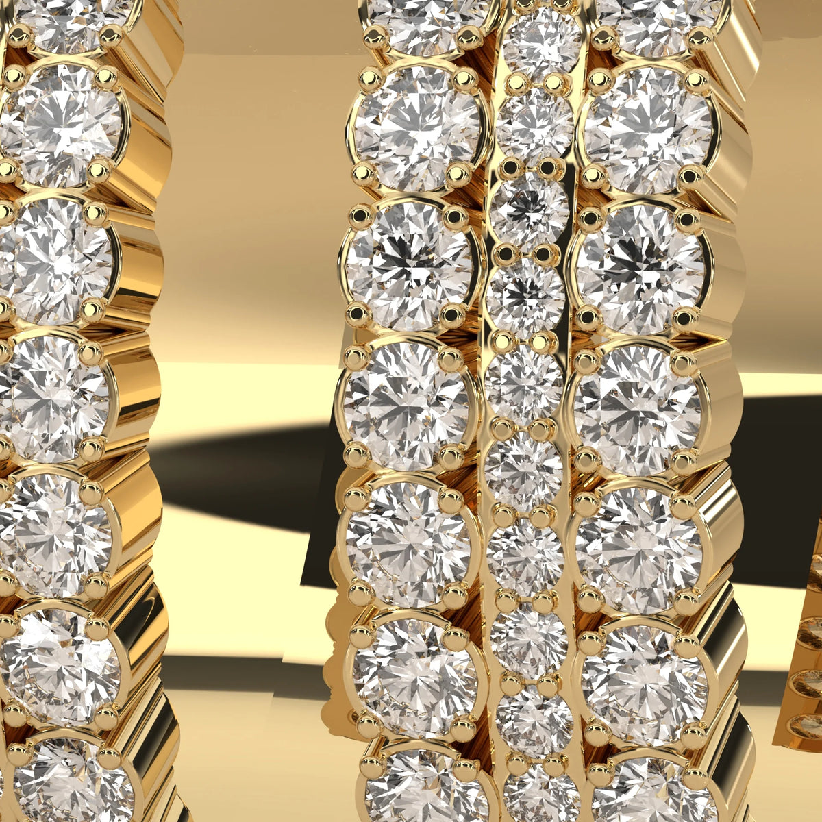 Three Row Round Lab Grown Diamond Wide Hinged Hoop Earrings in yellow gold, product photograph on a plain background.