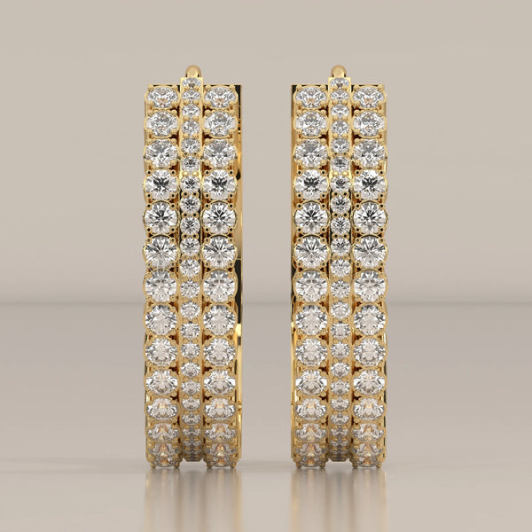 Three Row Round Lab Grown Diamond Wide Hinged Hoop Earrings in yellow gold, shown from the front.