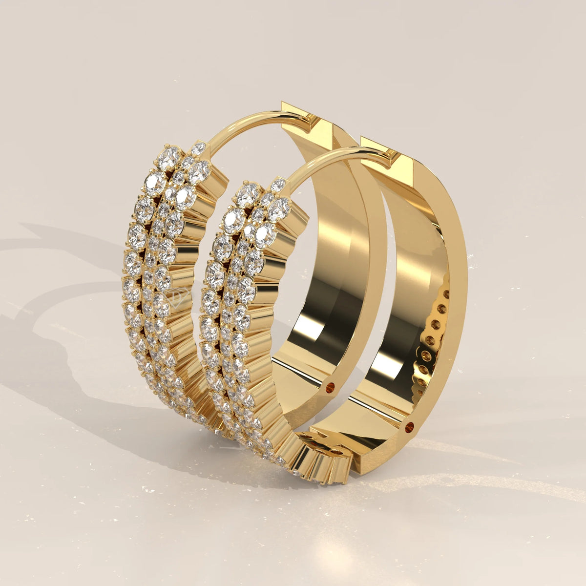 Three Row Round Lab Grown Diamond Wide Hinged Hoop Earrings in yellow gold, shown from the side.