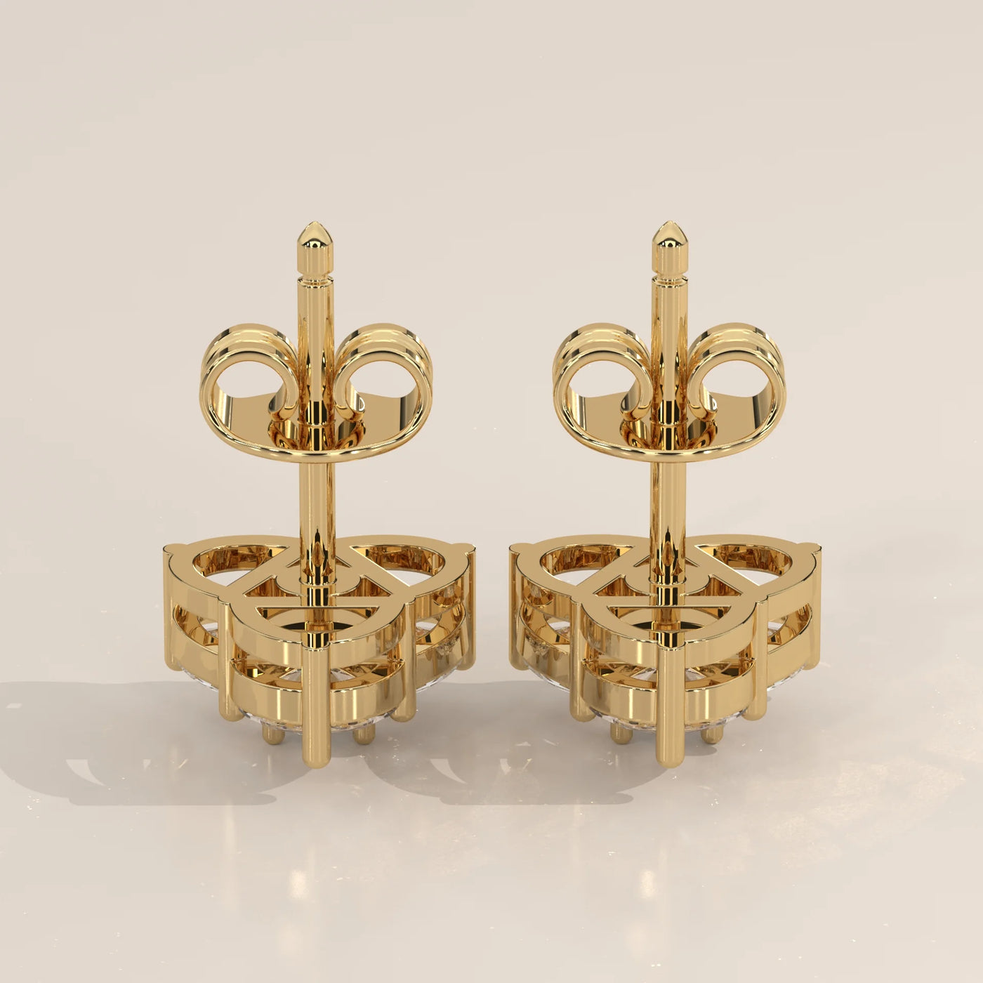 Angle View: Round Diamond Stud Earrings with Three-Stone Setting in Yellow Gold – Lab Grown – Driona Jewels