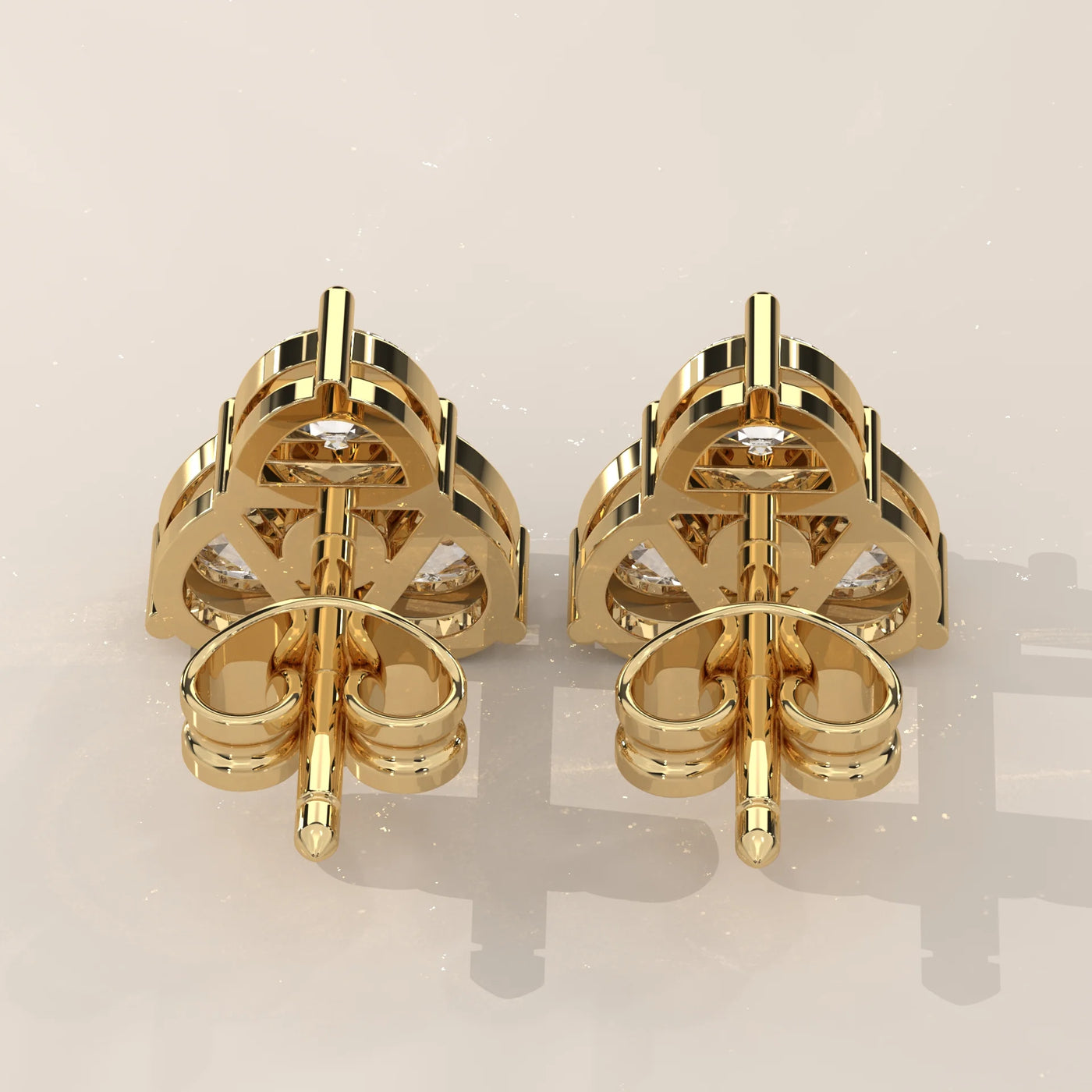 Back View: Round Diamond Stud Earrings with Three-Stone Setting in Yellow Gold – Lab Grown – Driona Jewels