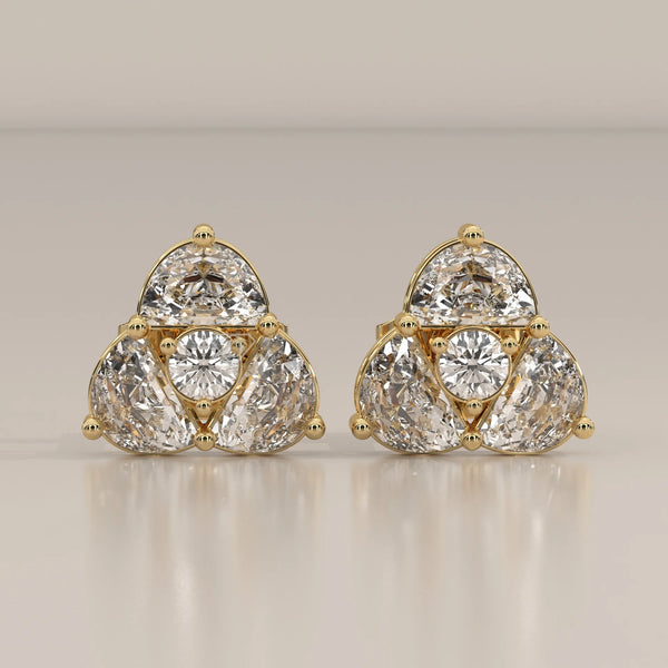 Front View: Round Diamond Stud Earrings with Three-Stone Setting in Yellow Gold – Lab Grown – Driona Jewels