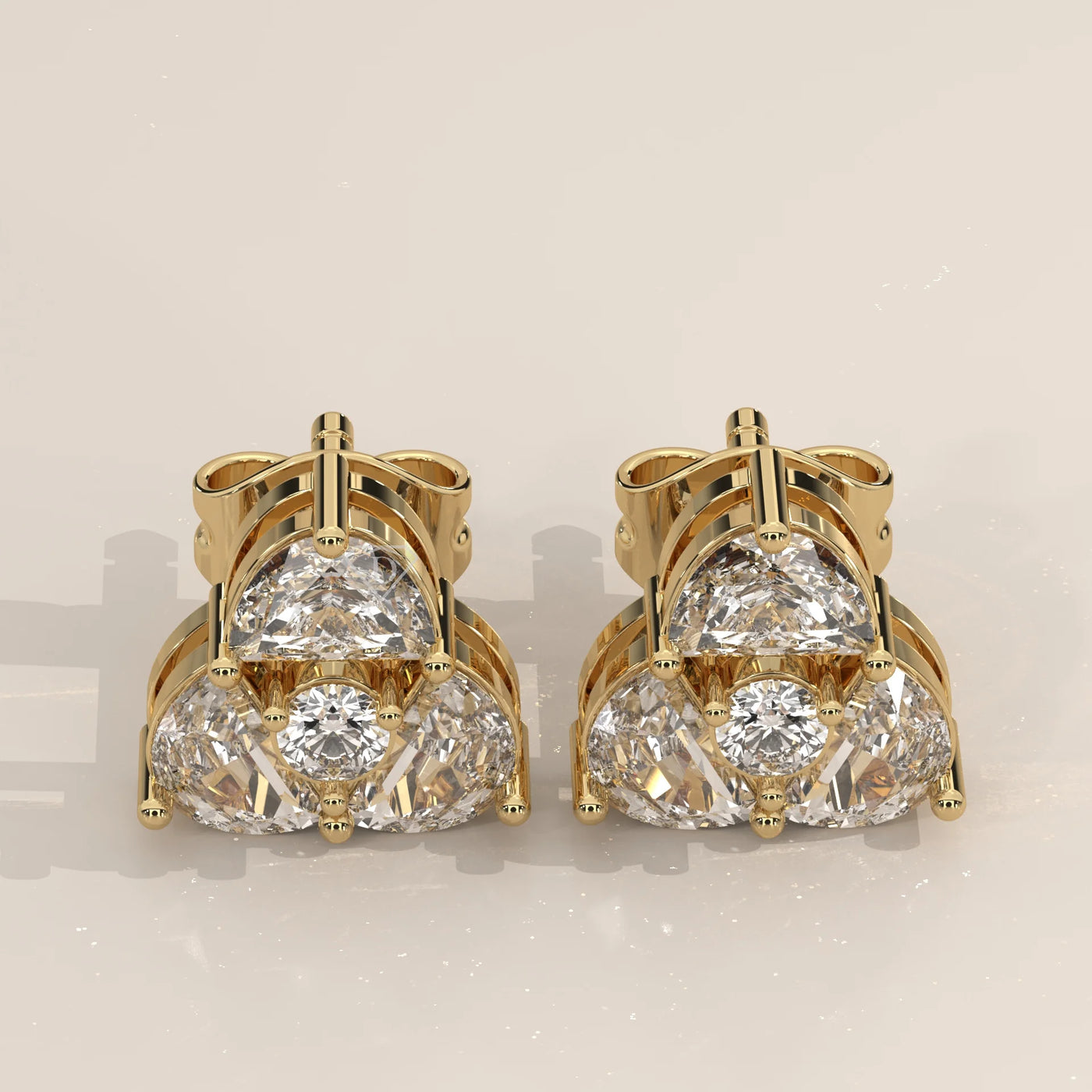 Pair Front View: Round Diamond Stud Earrings with Three-Stone Setting in Yellow Gold – Lab Grown – Driona Jewels