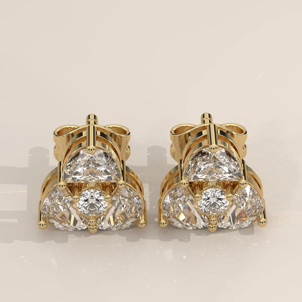 Pair Front View: Round Diamond Stud Earrings with Three-Stone Setting in Yellow Gold – Lab Grown – Driona Jewels