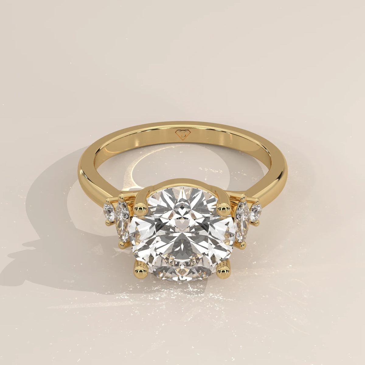 Round Lab Grown Diamond Ring with Marquise and Round Side Accents in yellow gold, shown from the front.