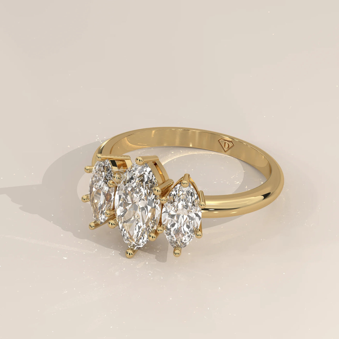 Angle View: Marquise Diamond Engagement Ring with Three-Stone Setting in Yellow Gold – Lab Grown – Driona Jewels