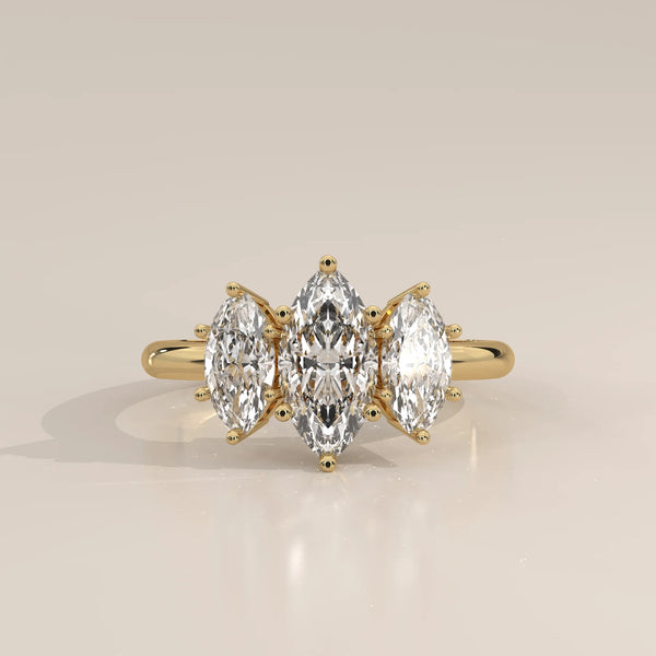 Side Profile: Marquise Diamond Engagement Ring with Three-Stone Setting in Yellow Gold – Lab Grown – Driona Jewels