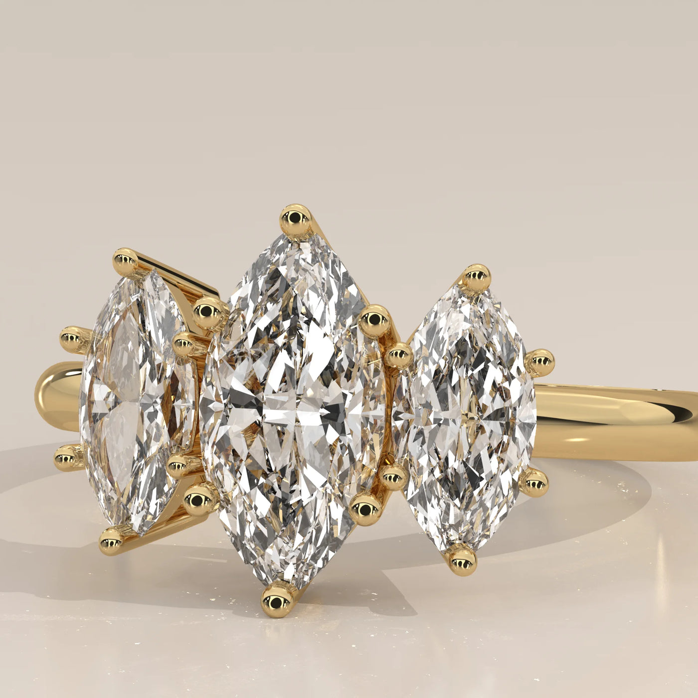 Stone Detail: Marquise Lab Grown Diamonds in Three-Stone Setting – Yellow Gold – Driona Jewels