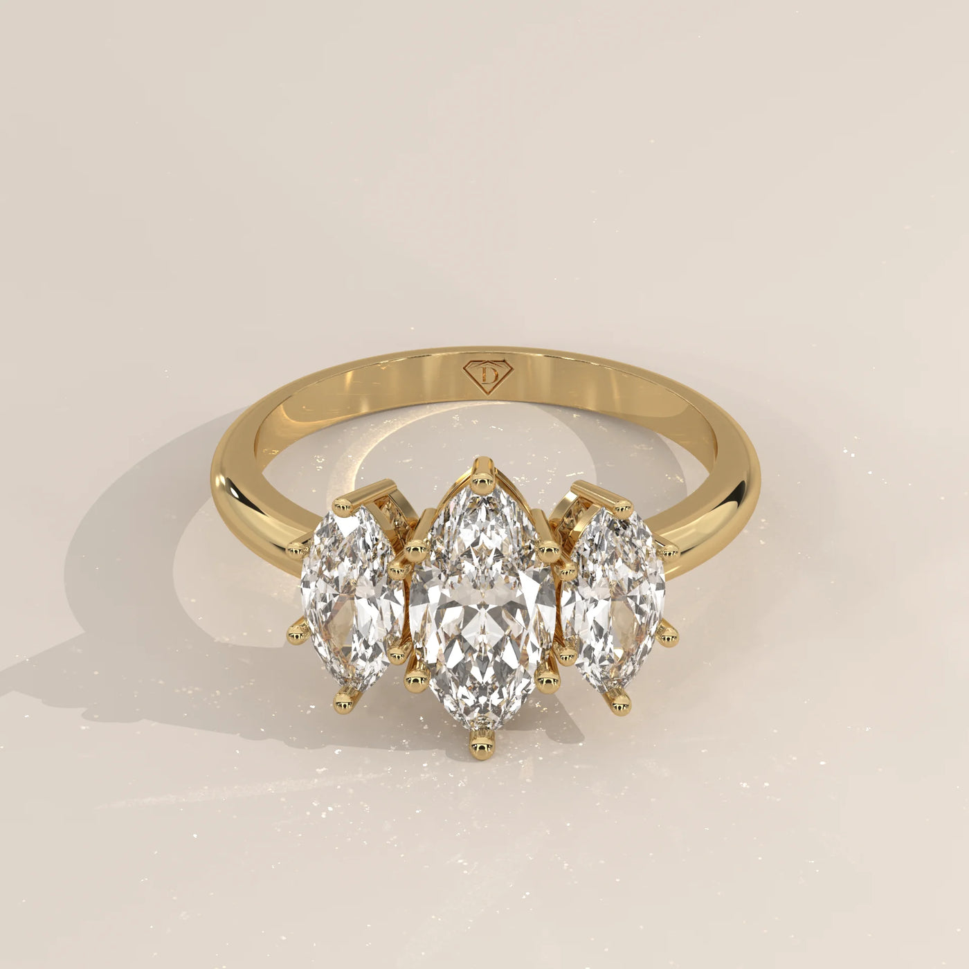 Three-Quarter View: Marquise Diamond Engagement Ring with Three-Stone Setting in Yellow Gold – Lab Grown – Driona Jewels