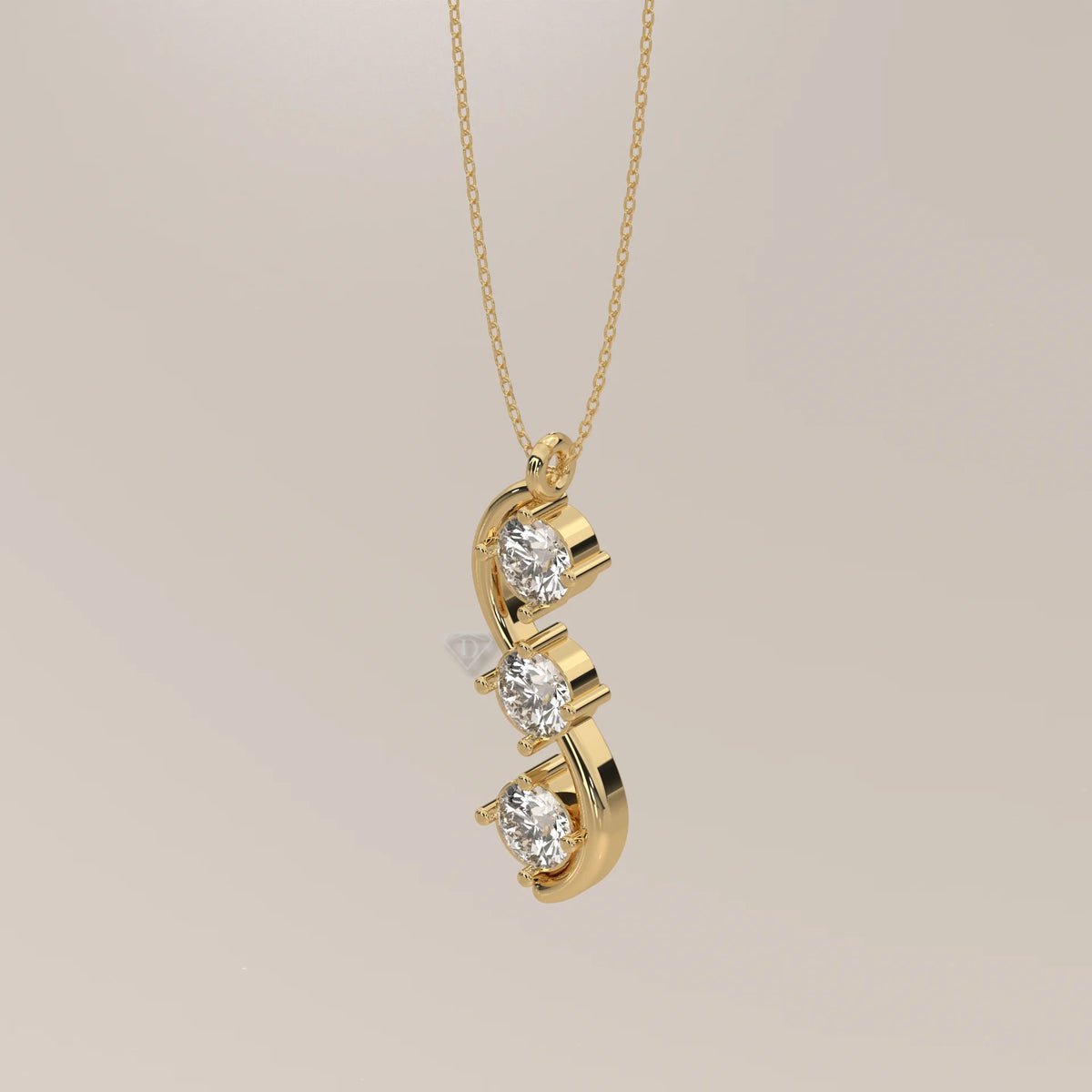 Three Stone Round Lab Grown Diamond Pendant on a Wave Frame in yellow gold, photographed head-on.