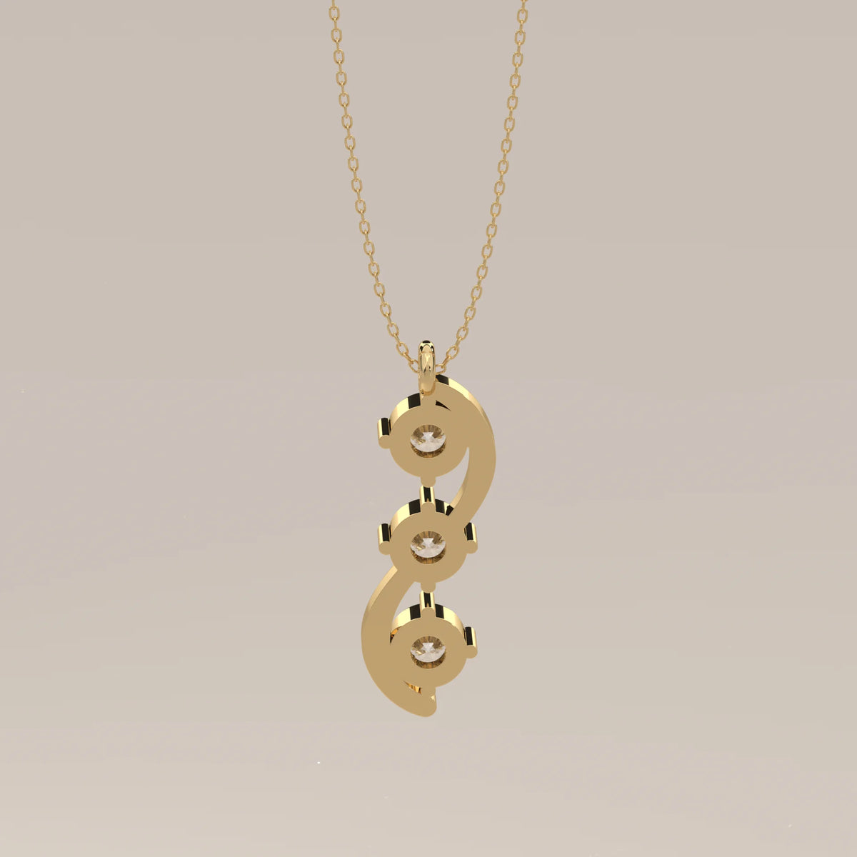 Three Stone Round Lab Grown Diamond Pendant on a Wave Frame in yellow gold, front view on a plain background.