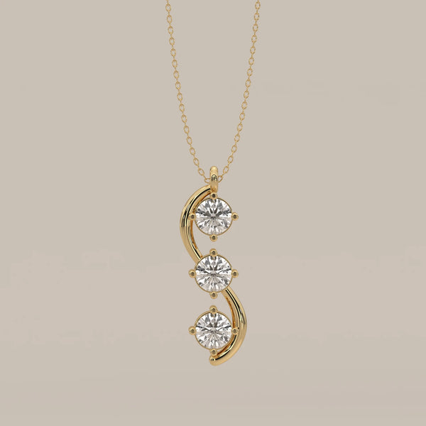Three Stone Round Lab Grown Diamond Pendant on a Wave Frame in yellow gold, shown from the front.