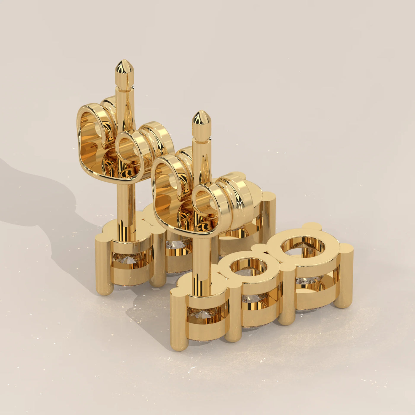 Angle View: Round Diamond Stud Earrings with Three-Stone Setting in Yellow Gold – Lab Grown – Driona Jewels