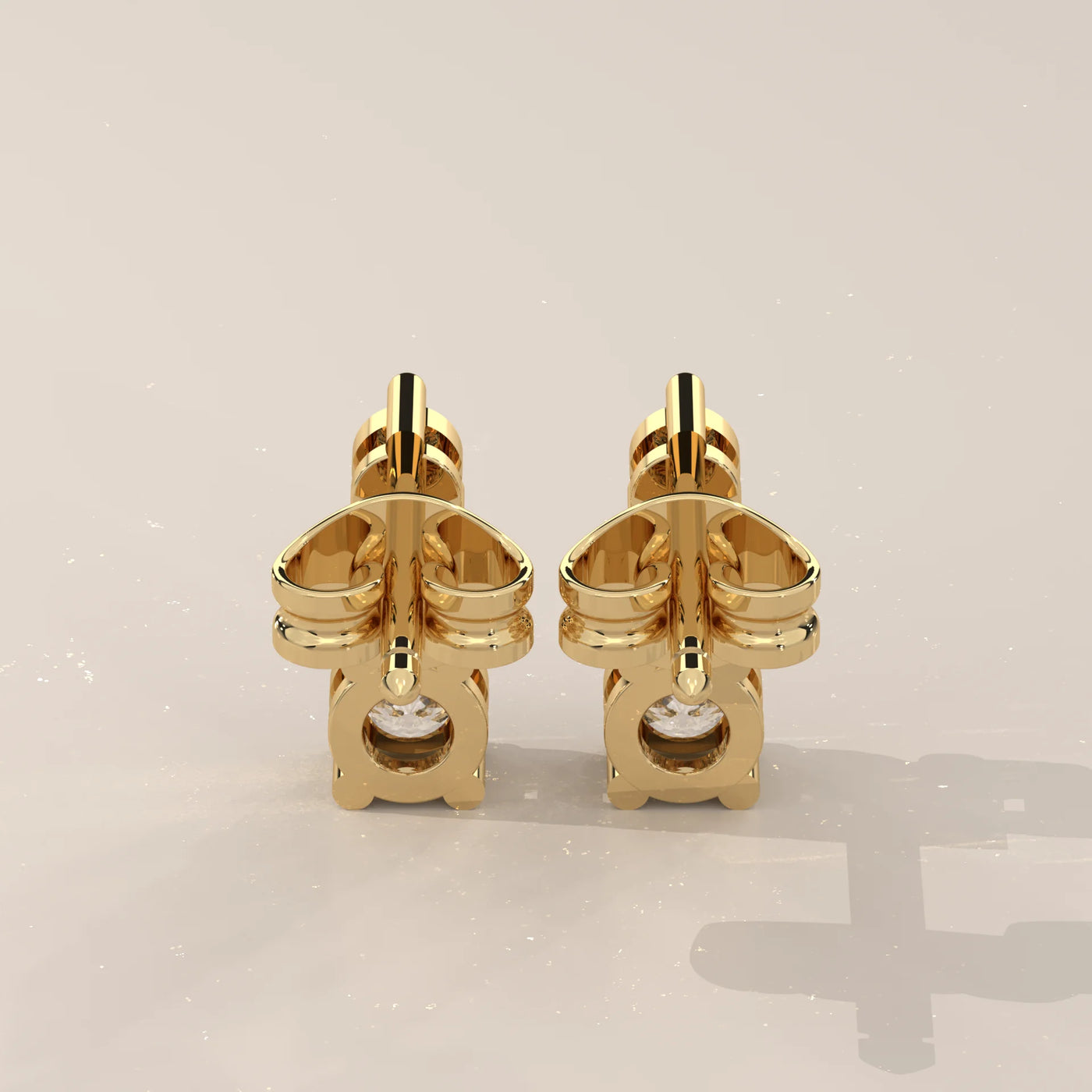 Back View: Round Diamond Stud Earrings with Three-Stone Setting in Yellow Gold – Lab Grown – Driona Jewels