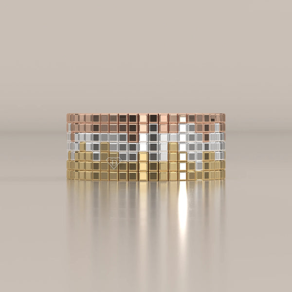 Three Tone Wide Band with Stepped Square Grid Pattern, shown from the front.