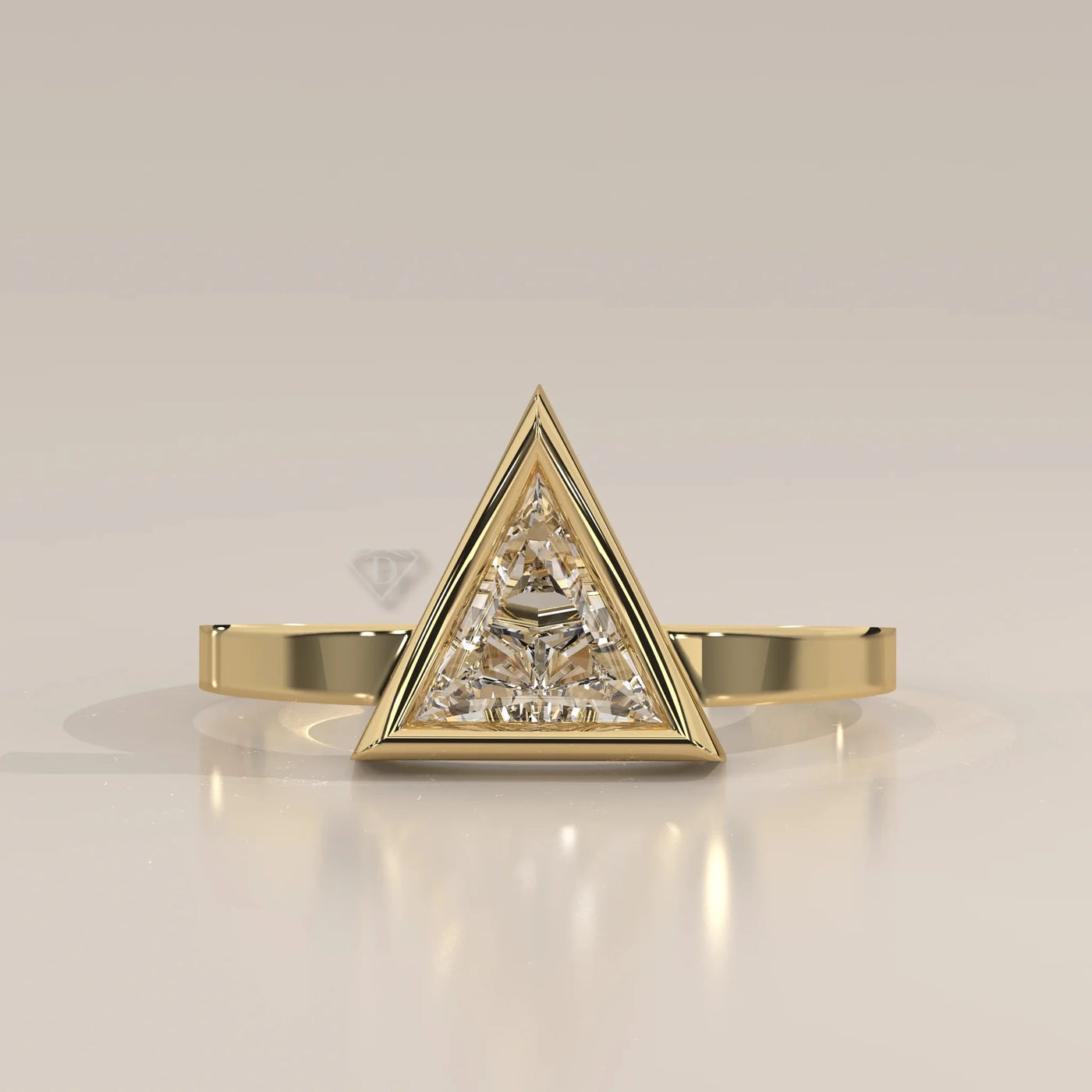 Angle View: Trillion Diamond Ring with Prong Setting in Yellow Gold – Lab Grown – Driona Jewels