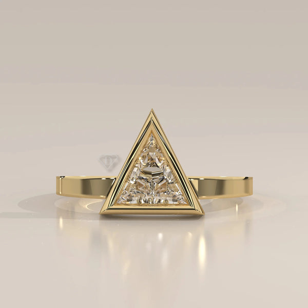 Angle View: Trillion Diamond Ring with Prong Setting in Yellow Gold – Lab Grown – Driona Jewels