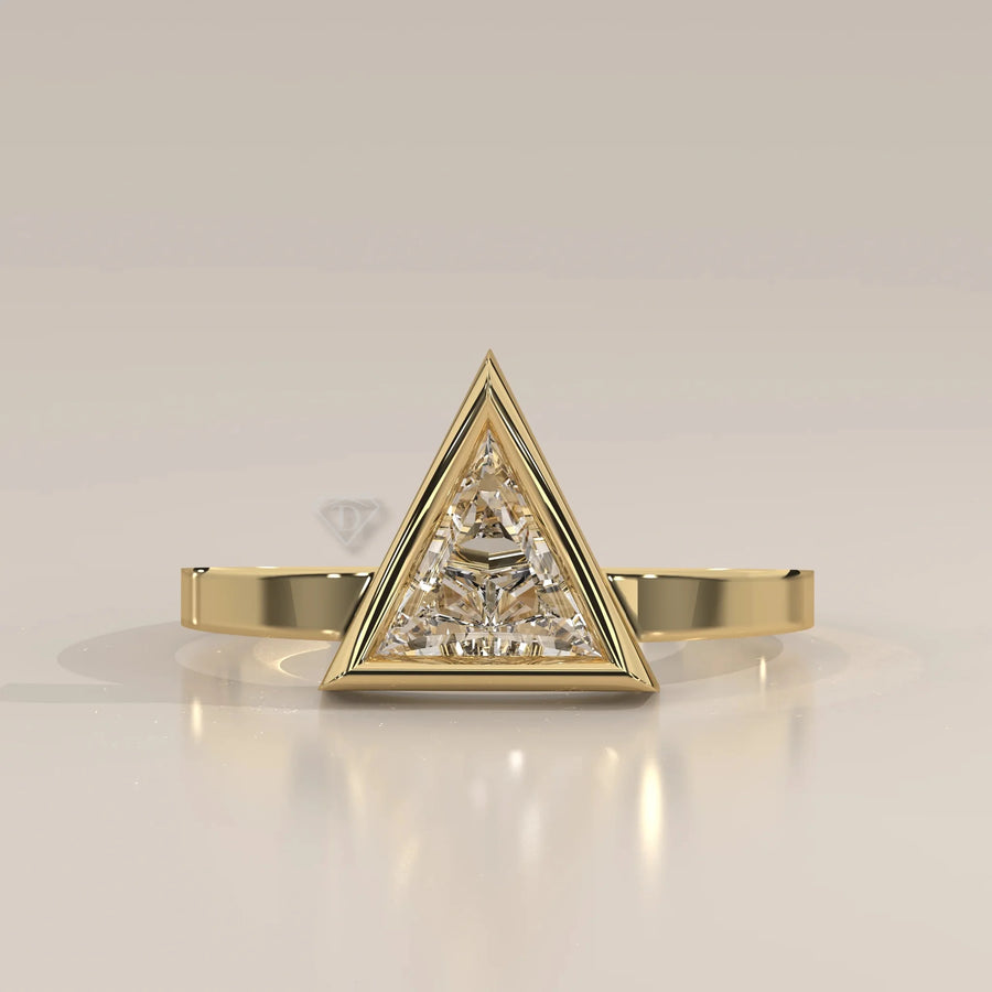 Angle View: Trillion Diamond Ring with Prong Setting in Yellow Gold – Lab Grown – Driona Jewels