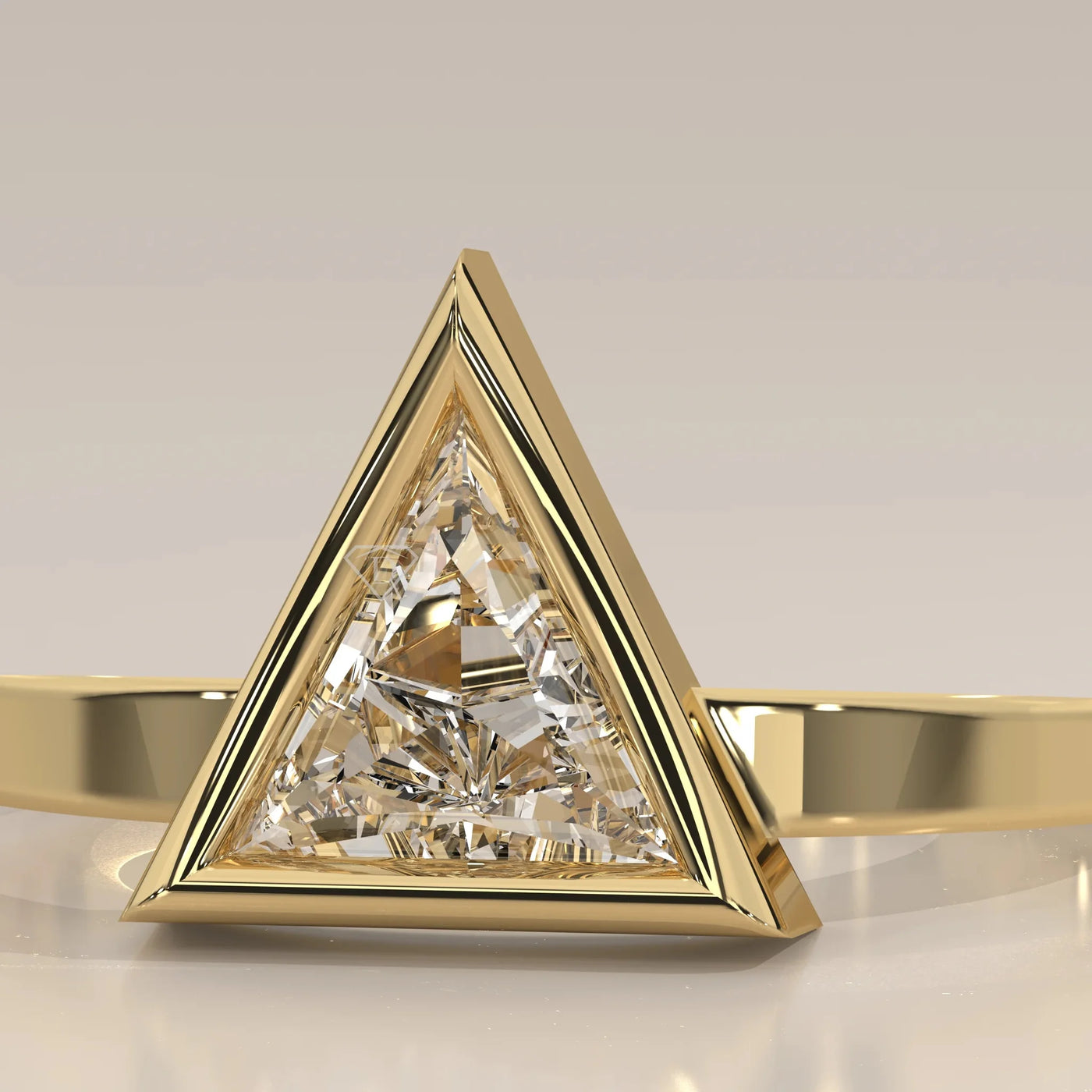 Front View: Trillion Diamond Ring with Prong Setting in Yellow Gold – Lab Grown – Driona Jewels