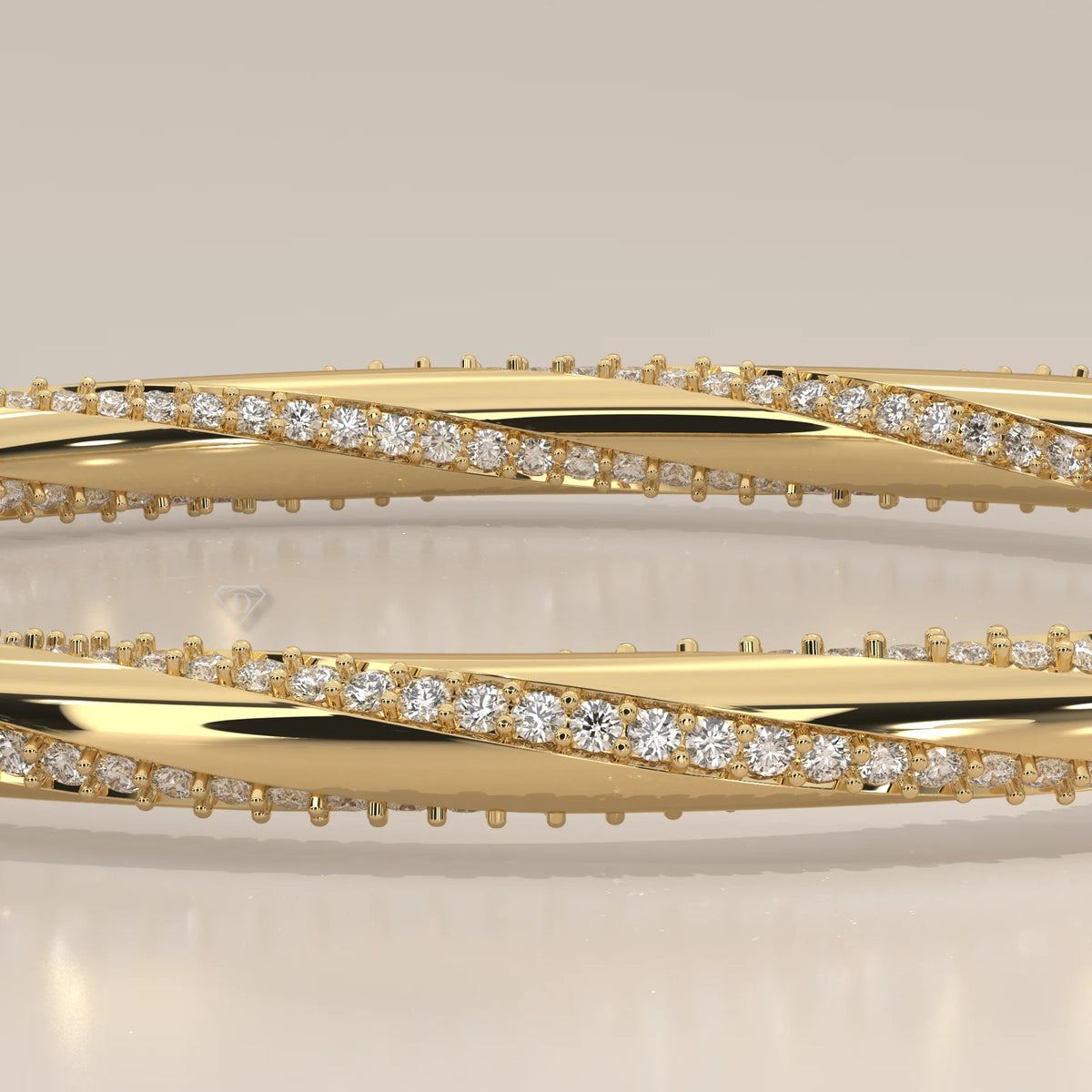 Twisted Pave Lab Grown Diamond Hinged Bangle with Polished Band in yellow gold, product photograph on a plain background.