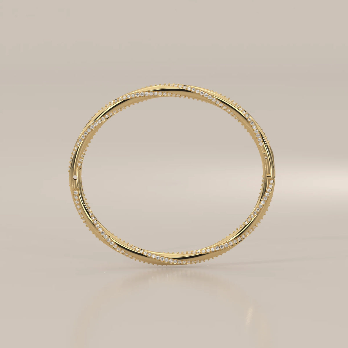 Twisted Pave Lab Grown Diamond Hinged Bangle with Polished Band in yellow gold, shown from the front.
