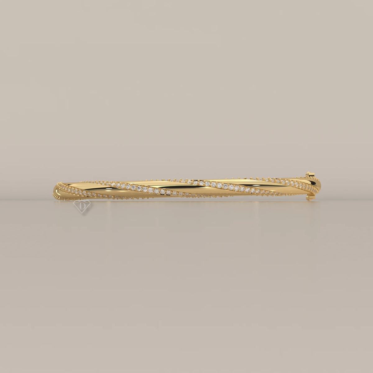 Twisted Pave Lab Grown Diamond Hinged Bangle with Polished Band in yellow gold, shown from the side.