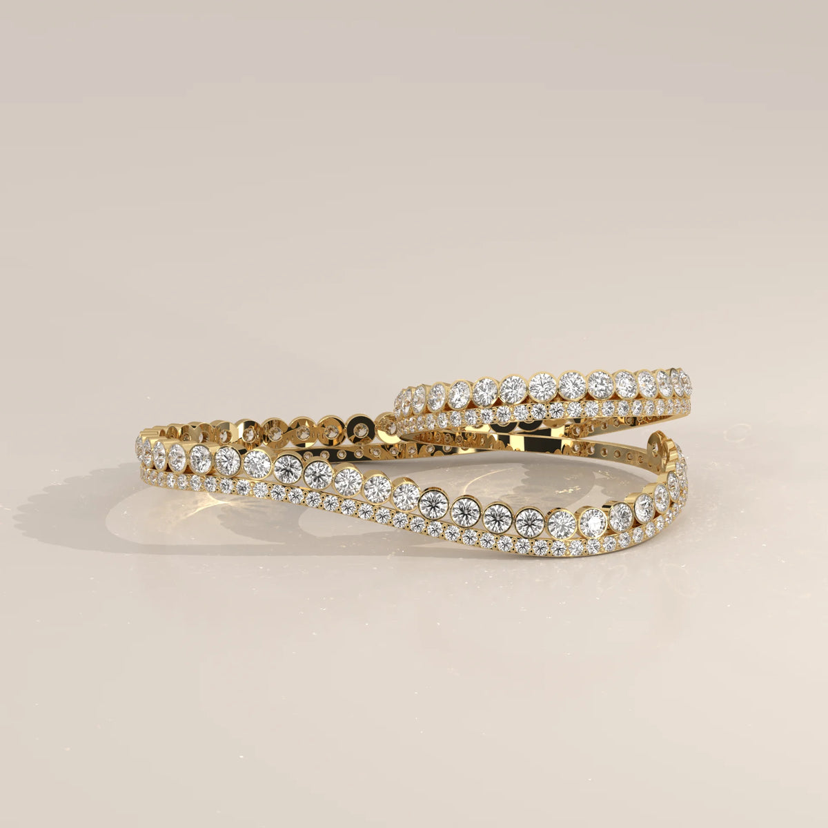 Round Lab Grown Diamond Two Finger Wave Ring with Bezel Row in yellow gold, shown at an angle.