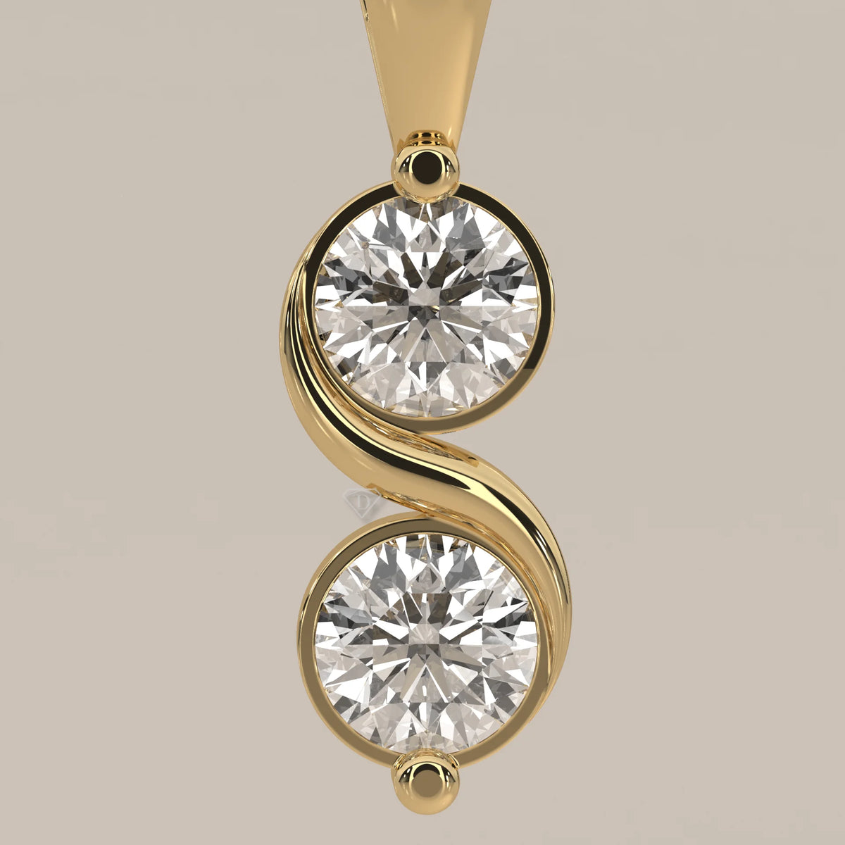 Two Stone Bezel Round Lab Grown Diamond Pendant with S Curve in yellow gold, front view on a plain background.