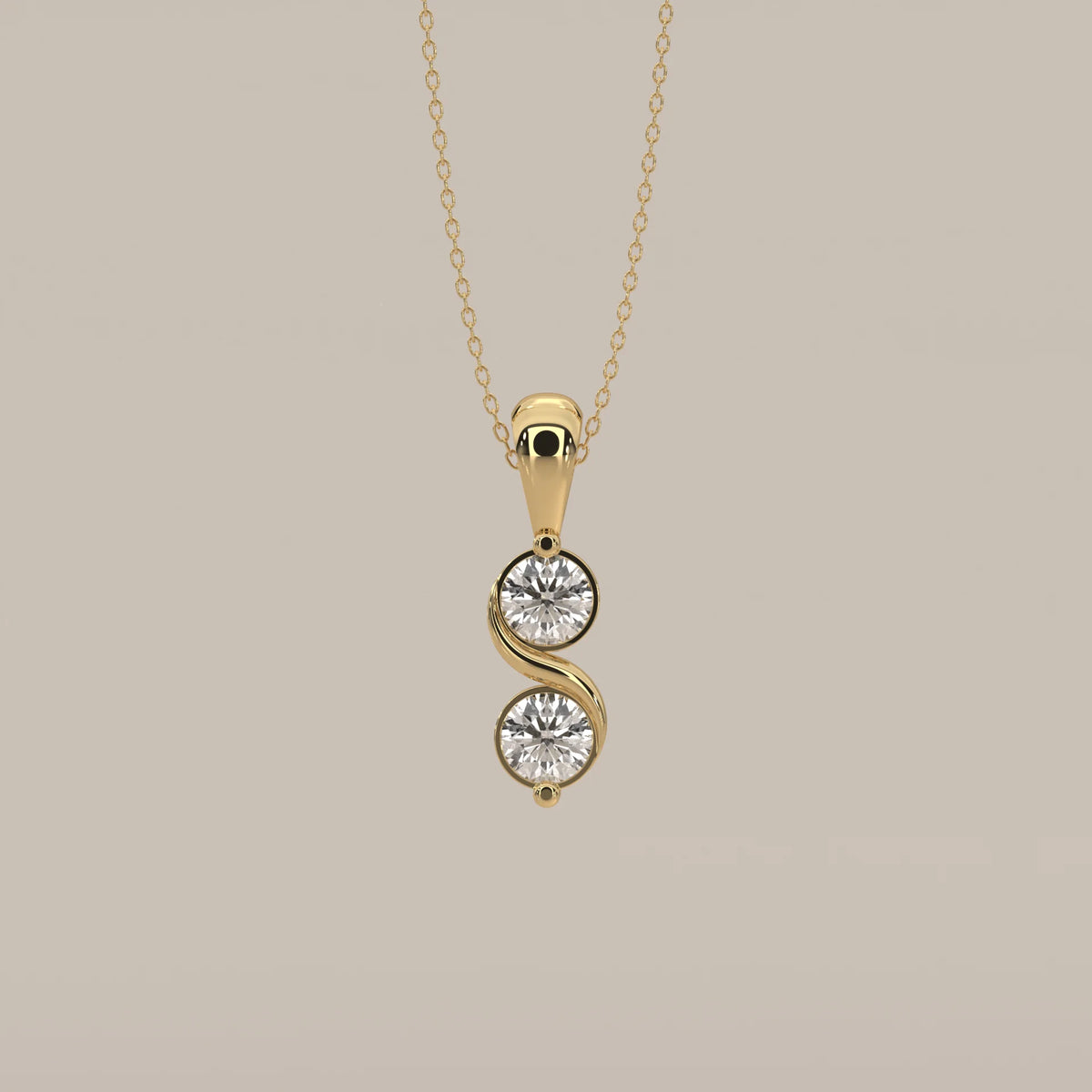 Two Stone Bezel Round Lab Grown Diamond Pendant with S Curve in yellow gold, shown from the front.