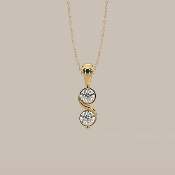 Two Stone Bezel Round Lab Grown Diamond Pendant with S Curve in yellow gold, shown from the front.