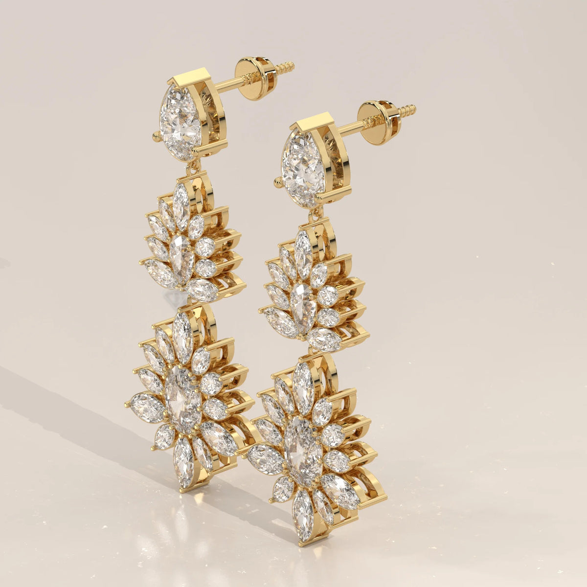 Two Tier Marquise Spray Lab Grown Diamond Chandelier Earrings in yellow gold, photographed head-on.