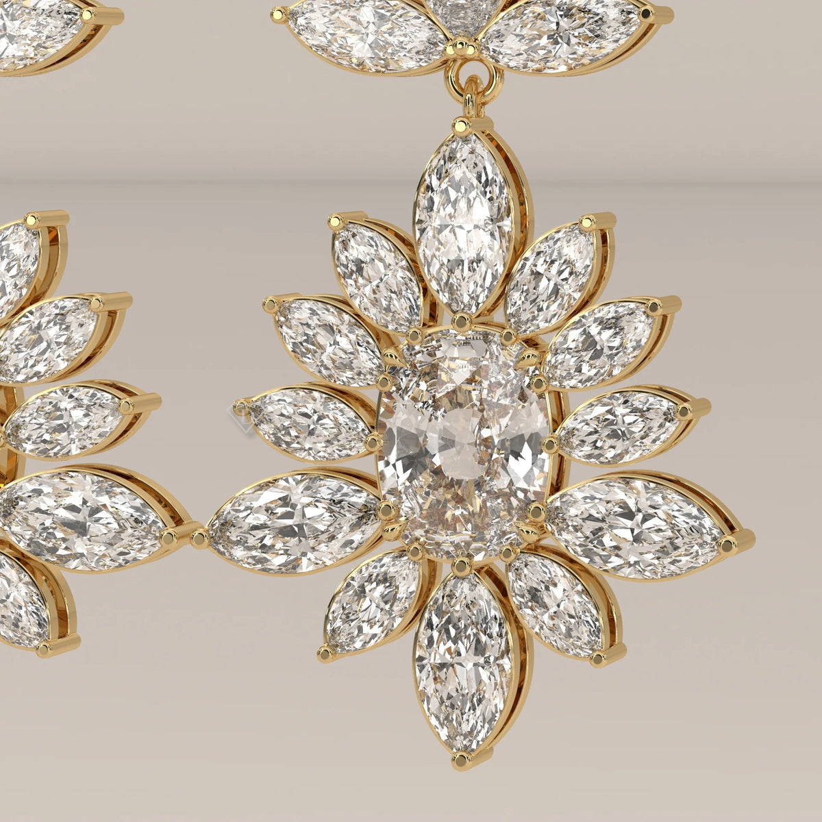 Two Tier Marquise Spray Lab Grown Diamond Chandelier Earrings in yellow gold, shown on a plain background.