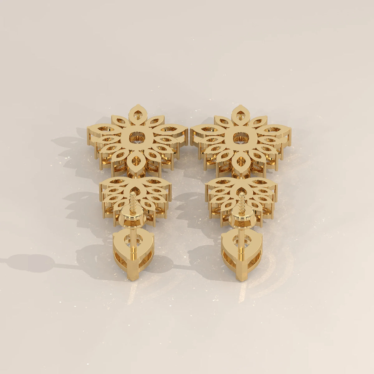 Two Tier Marquise Spray Lab Grown Diamond Chandelier Earrings in yellow gold, product photograph on a plain background.