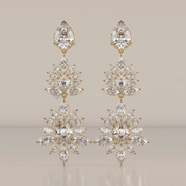 Two Tier Marquise Spray Lab Grown Diamond Chandelier Earrings in yellow gold, shown from the front.