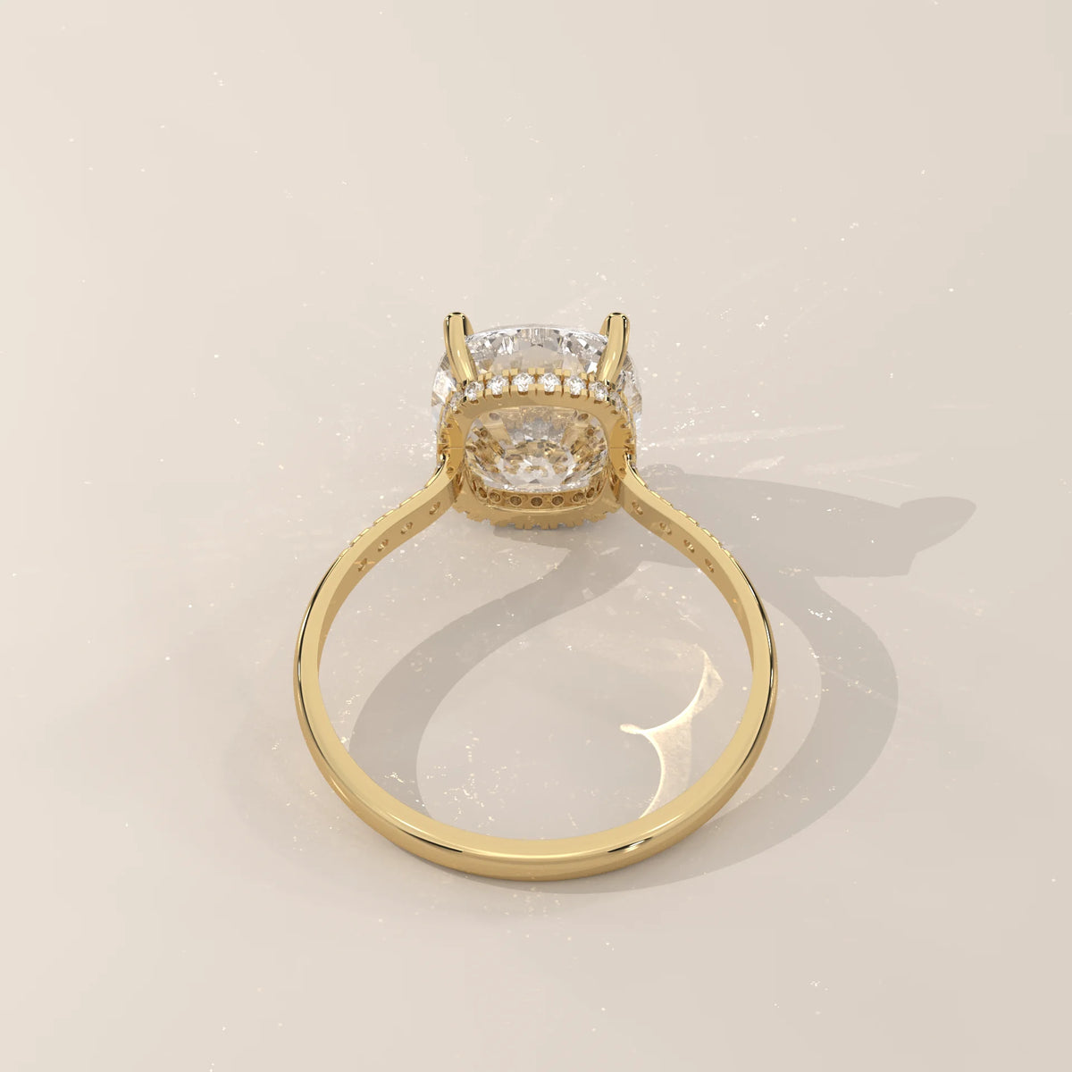 Venessa 5 Carat Cushion Lab Grown Diamond Ring, Petite Pave Shoulders in yellow gold, shown on a plain background.