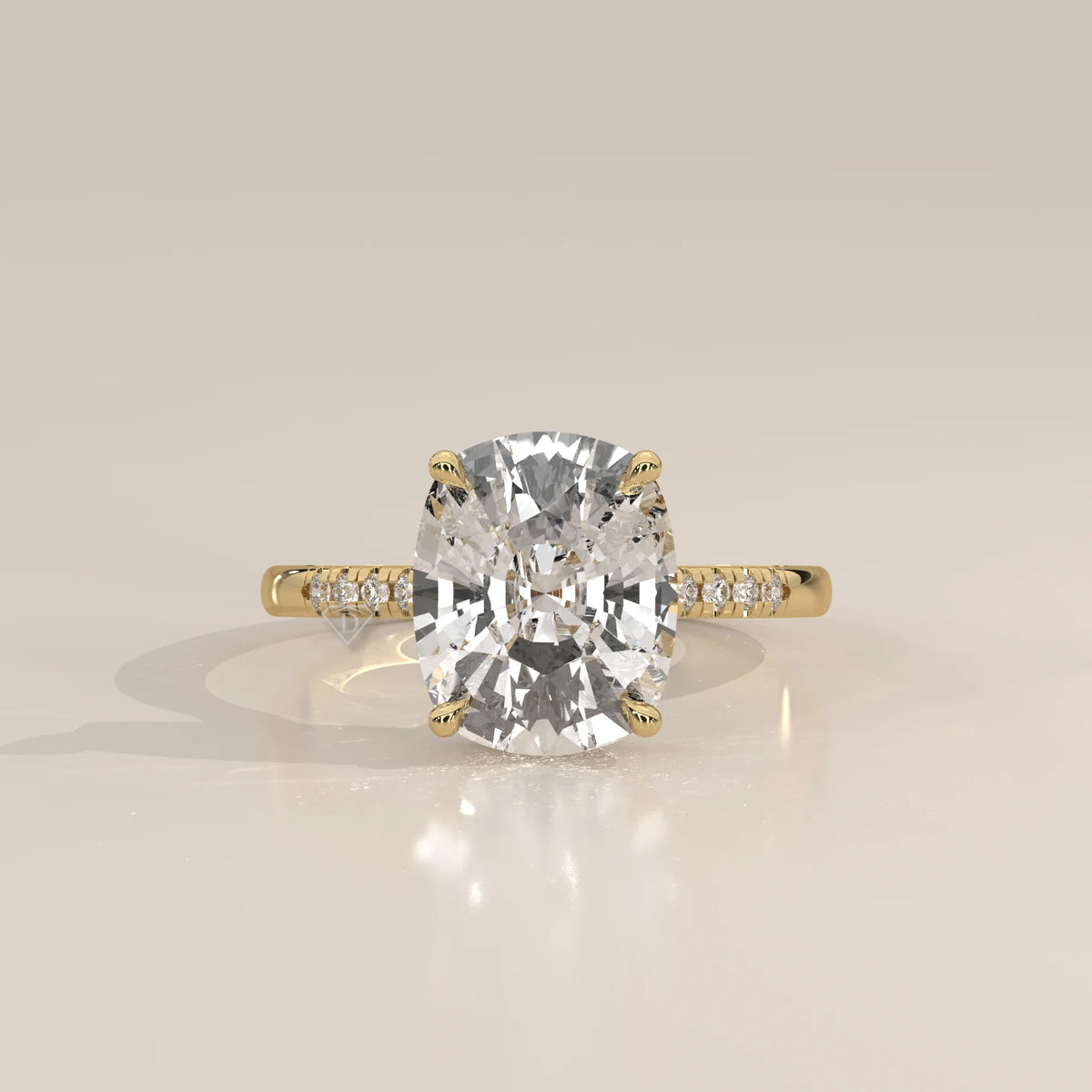 Venessa 5 Carat Cushion Lab Grown Diamond Ring, Petite Pave Shoulders in yellow gold, photographed head-on.