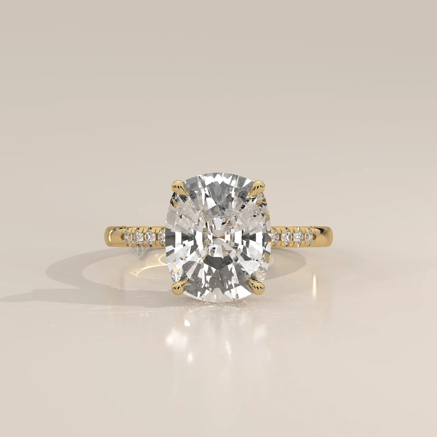 Venessa 5 Carat Cushion Lab Grown Diamond Ring, Petite Pave Shoulders in yellow gold, photographed head-on.