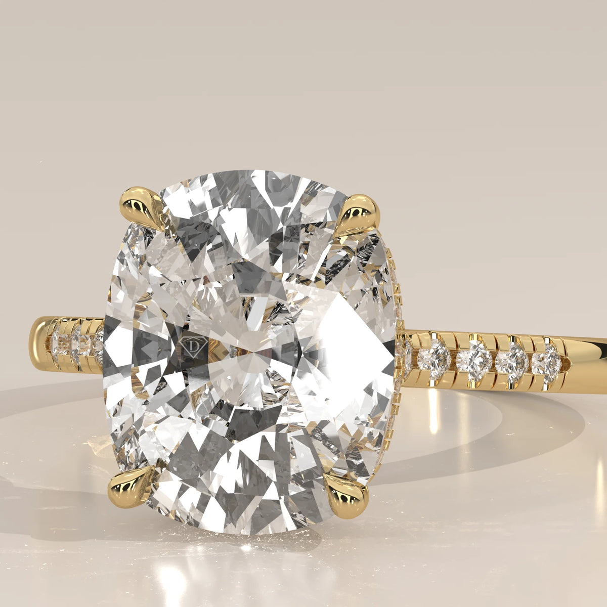 Venessa 5 Carat Cushion Lab Grown Diamond Ring, Petite Pave Shoulders in yellow gold, front view on a plain background.
