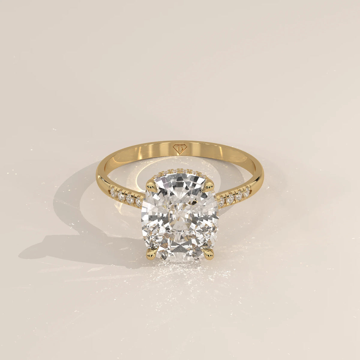 Venessa 5 Carat Cushion Lab Grown Diamond Ring, Petite Pave Shoulders in yellow gold, shown from the front.
