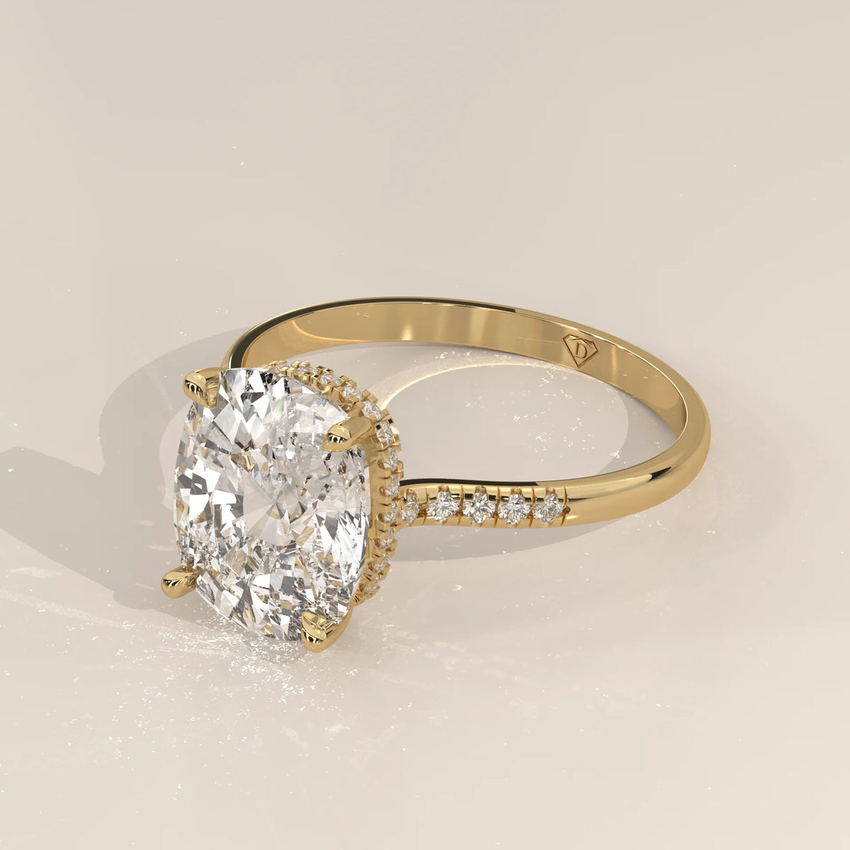 Venessa 5 Carat Cushion Lab Grown Diamond Ring, Petite Pave Shoulders in yellow gold, shown from the side.