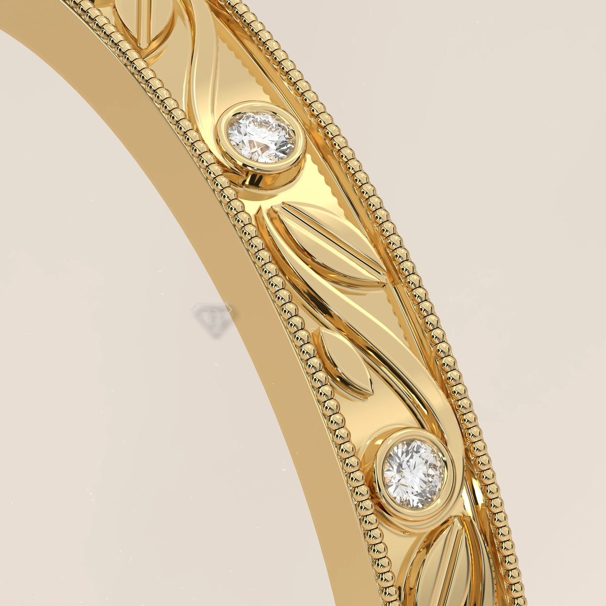 Vintage Engraved Band with Bezel Set Diamond Stations in yellow gold, product photograph on a plain background.