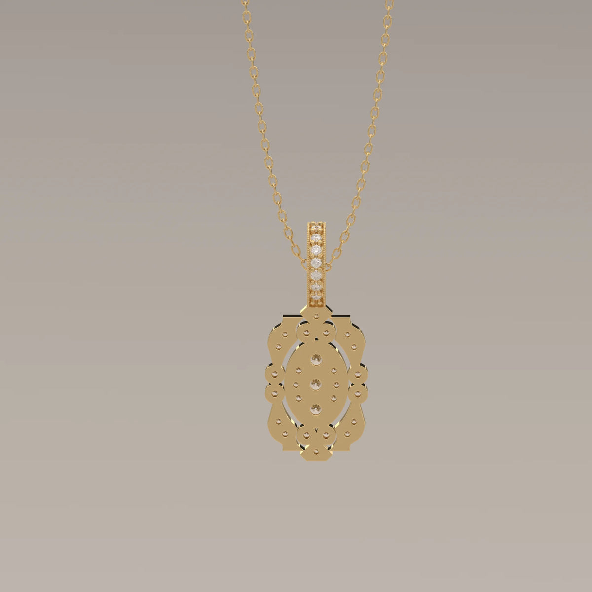 Vintage Milgrain Lab Grown Diamond Filigree Medallion Pendant in yellow gold, photographed head-on.