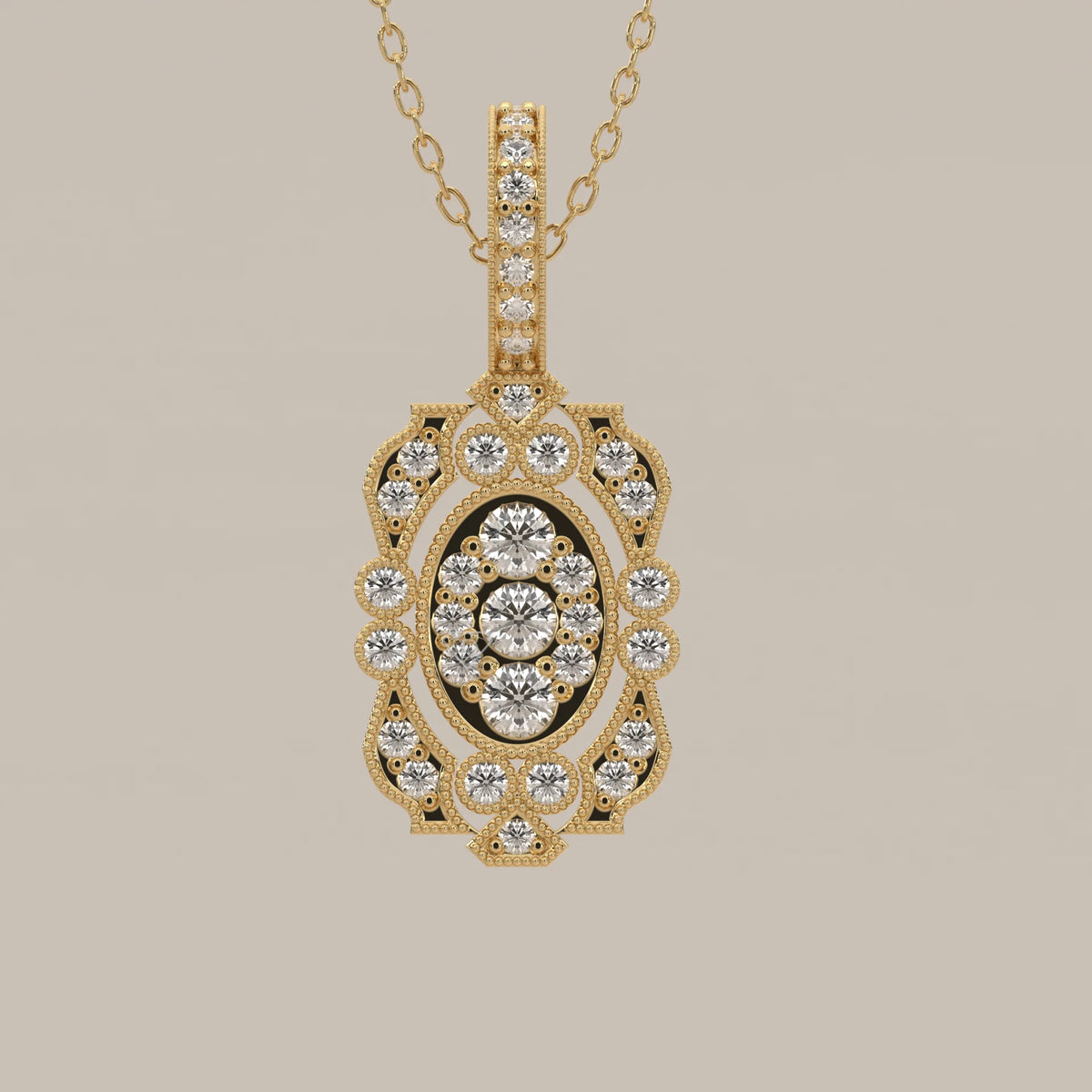 Vintage Milgrain Lab Grown Diamond Filigree Medallion Pendant in yellow gold, front view on a plain background.