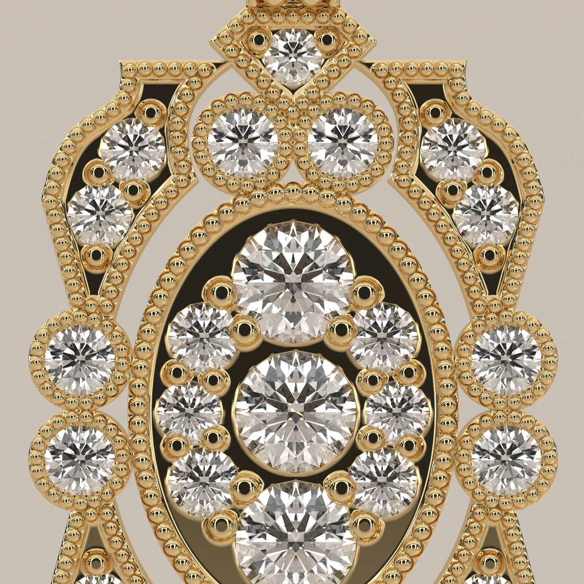 Vintage Milgrain Lab Grown Diamond Filigree Medallion Pendant in yellow gold, shown on a plain background.