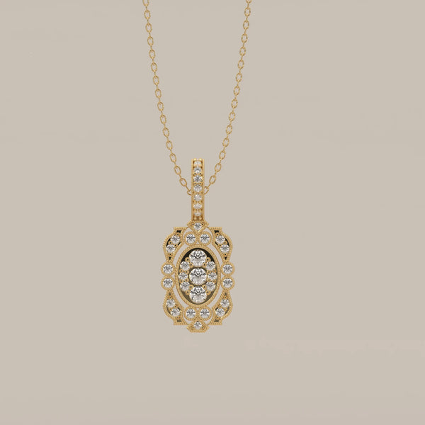 Vintage Milgrain Lab Grown Diamond Filigree Medallion Pendant in yellow gold, shown from the front.