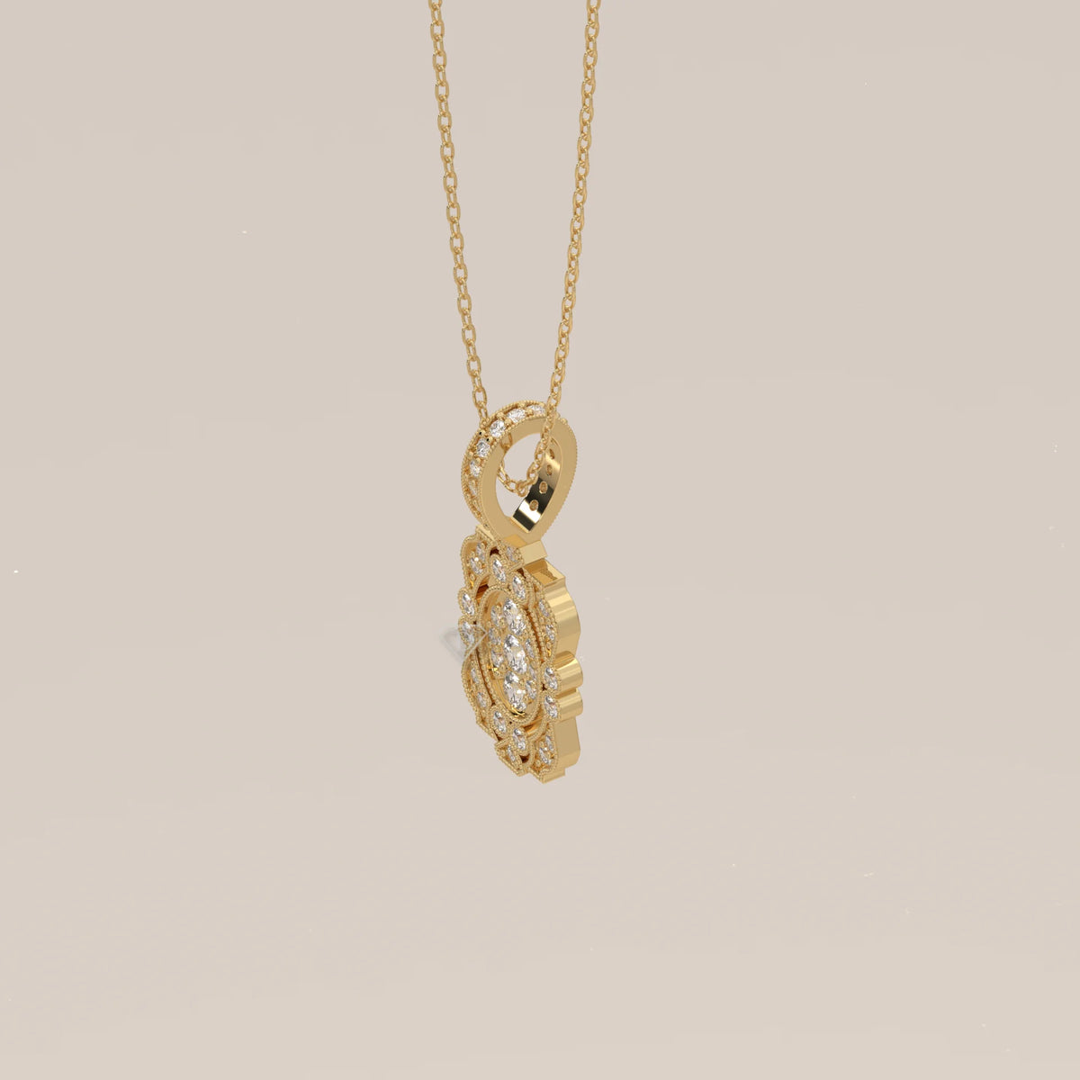 Vintage Milgrain Lab Grown Diamond Filigree Medallion Pendant in yellow gold, shown from the side.